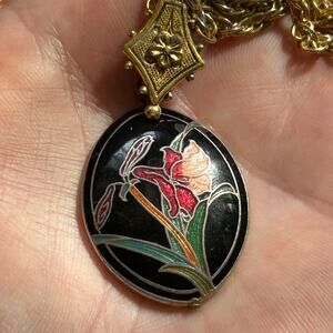 Vintage Floral Enamel Pendant & chain Cloissone Black Iris Colorful Gold Tone